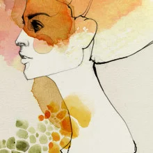 Wandbild von Ekaterina Koroleva: stilvolle Frauenporträt-Illustration in Tinte und Aquarell