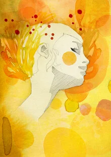 Illustration of a woman in fashionable attire, soft colors and flowing lines.