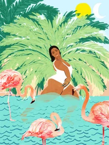 Illustration einer Frau, die im Wasser Yoga praktiziert, mit bunten Flamingos im Hintergrund.