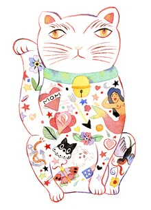Wandbild von Rumi Hara: verspielte weiße Katze winkt freundlich