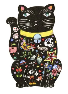 Illustration of a waving black Maneki cat by Rumi Hara in soft watercolors.