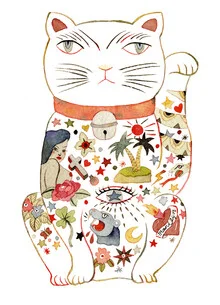 Wall art by Rumi Hara: playful watercolor illustration of a Maneki cat