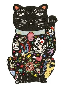 Wall art by Rumi Hara: playful black Maneki cat in watercolor style