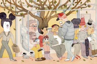 Illustration von Rumi Hara: bunte Darstellung einer Bushaltestelle