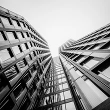 Dancing Towers in fog, modern architecture in soft gray tones