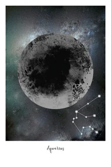Abstract illustration of Aquarius with moon and stars in soft colors
