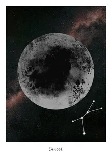 Illustration by Julia Hariri: Cancer zodiac sign with moon and stars in the background