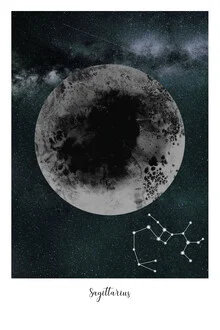 Illustration by Julia Hariri: Sagittarius symbol with moon and stars in the background.