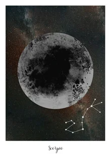 Illustration of Scorpio under a moon, soft colors and abstract shapes create a calm mood.