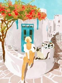 Illustration of a woman on vacation in Greece with a cat and colorful flowers.