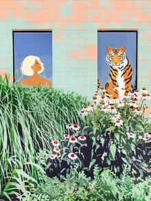 Illustration by Uma Gokhale: a woman with a tiger in a tropical setting