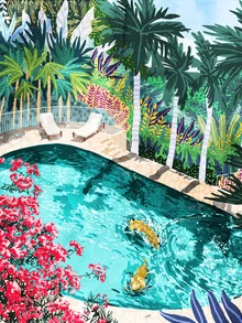 Wall art of a tropical villa with bougainvillea and a pool in the jungle