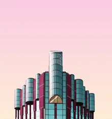Photo art: colorful facade of a modern glass building in Malmö illuminated by sunlight