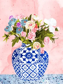 Illustration of a ceramic planter featuring floral patterns in soft colors.