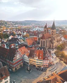 Half-timbered houses in Esslingen under a warm sunset