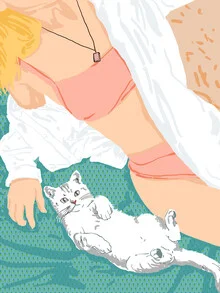 Bunte Illustration einer Frau mit Katze in einem Boho-Lifestyle-Ambiente.