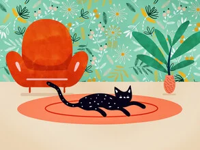 Wall art by Uma Gokhale: playful cat surrounded by plants in a boho style.