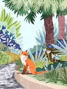 Colorful wall art by Uma Gokhale: fox in a vibrant jungle surrounded by plants