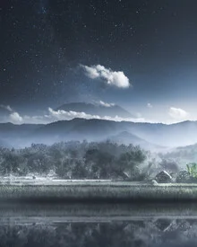 Photo art by Ashley Groom: volcano landscape under a clear night sky