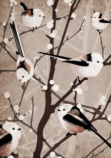 Wall art featuring long-tailed tits in a snowy garden filled with berries.