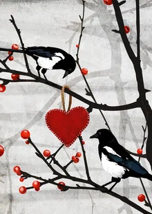 Wall art by Katherine Blower: two birds in affection perched on a branch