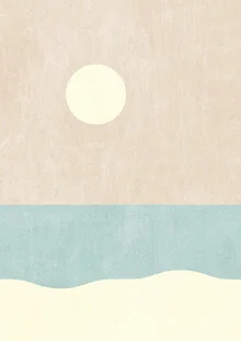 Wandbild mit geometrischen Formen und einem Strand bei Tag, das Sommerstimmung vermittelt.