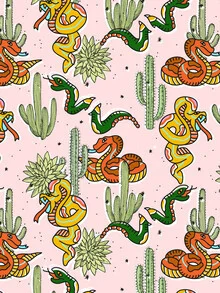 Wall art by Uma Gokhale: colorful snakes and plants in soft pastel shades.