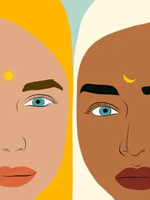 Illustration of a woman representing day and night, in vibrant colors.