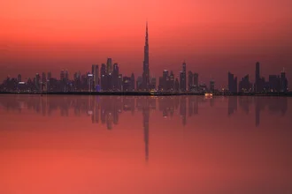 Photo art by Jean Claude Castor: Dubai skyline at sunset with soft colors