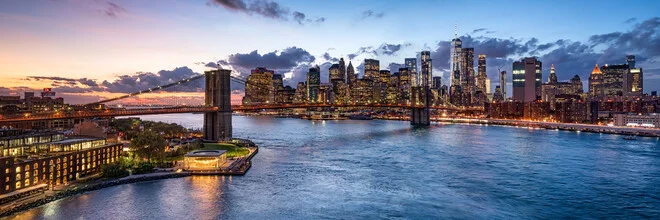 Photo art by Jan Becke: Brooklyn Bridge at sunset, soft colors in the sky.