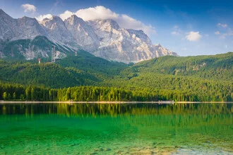 Photo art by Martin Wasilewski: calm summer day at Eibsee with mountains in the background