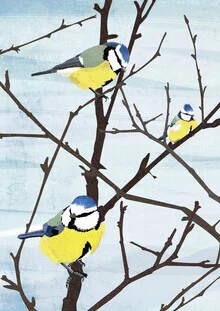 Wall art featuring cute blue tits perched on branches in a spring garden.