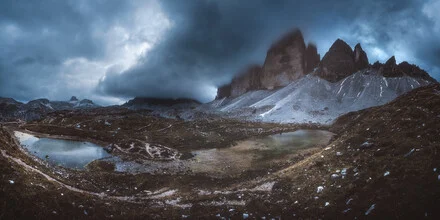 Panoramic view of the Tre Cime in the Dolomites, surrounded by winter snow