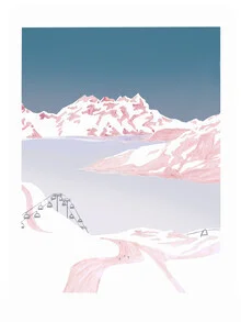 Illustration by Christina Wolff: gondola descent through snowy mountains in Austria