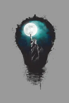 Wall art by Balazs Solti: surreal city view featuring a light bulb and Statue of Liberty