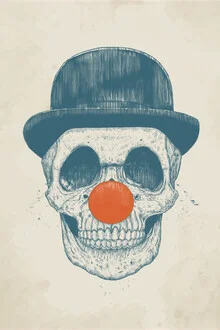 Illustration of a clown with a skull and bowler hat, whimsical and humorous.