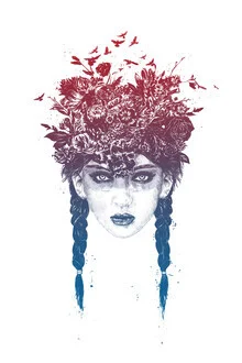 Wall art by Balazs Solti: a woman surrounded by colorful flowers in summer.