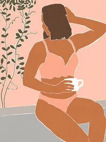 Colorful wall art by Uma Gokhale: woman enjoying her morning coffee