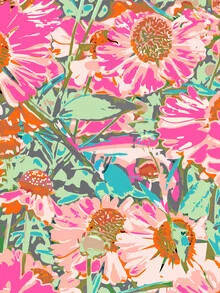 Colorful illustration of pink sunflowers with lush leaves in a vibrant composition.