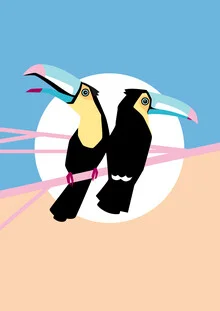 Wall art featuring tropical toucans in soft colors, cheerful mood.