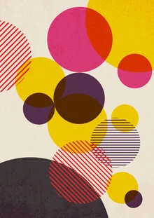 Abstract illustration in yellow and pink featuring dots and stripes.