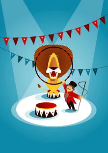 Illustration of a lion with a cheerful face in circus style