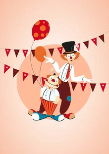 Illustration by Pia Kolle: cheerful circus clowns in colorful costumes.