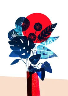 Illustration von Pia Kolle: Monstera und Pilea in roter Vase, fröhliche Pflanzenanordnung.