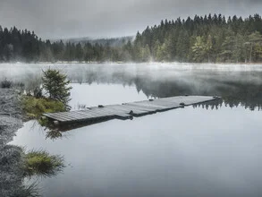 Photo art by Sonja Lautner: fog over Lake Fichtel with a calm jetty