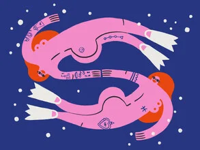 Illustration of an underwater world with fish and bubbles, soft color gradients and a harmonious composition.