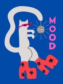 Illustration of a cat wearing sunglasses, dancing in a disco style.