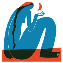 Illustration of a woman with braided hair and a crescent moon in the background