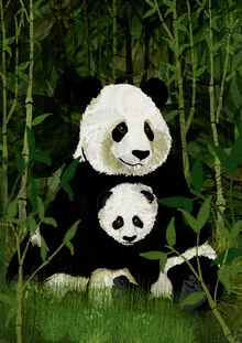 Wandbild von Katherine Blower: süßer Panda mit seinem Baby im üppigen Bambuswald