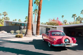 Photo art by Roman Becker: Red Thunderbird under palms in the California sky